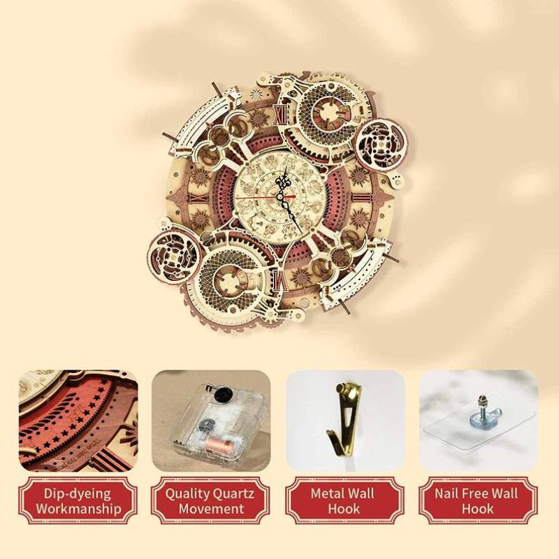 Robotime ROKR Time Art Zodiac Wall Clock 3D Wooden Puzzle Games Model Building Kits Toys for Children Kids LC