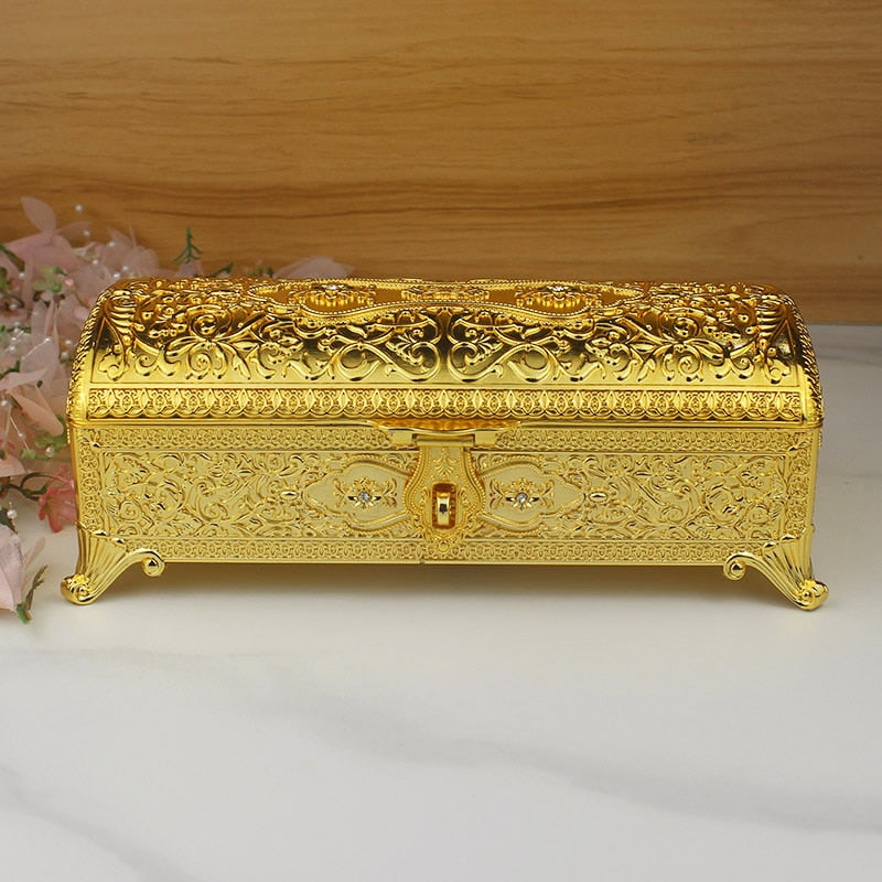Europe Large size carved metal gold jewelry storage box tin box jewelry organizer desk organizer drawer organizers for gift