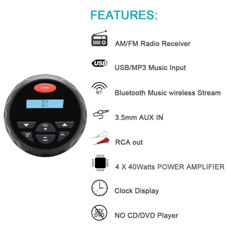 Marine Bluetooth Stereo Waterproof FM AM Radio Car MP3 Player + 4 Inch Marine Waterproof Boat Speakers For ATV UTV + Antenna