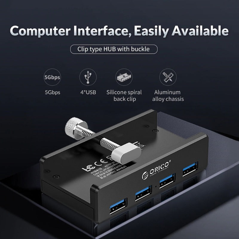 Aluminum 4 Ports USB 3.0 Clip-type HUB For Desktop Laptop Clip Range 10-32mm With 100cm Date Cable gift package