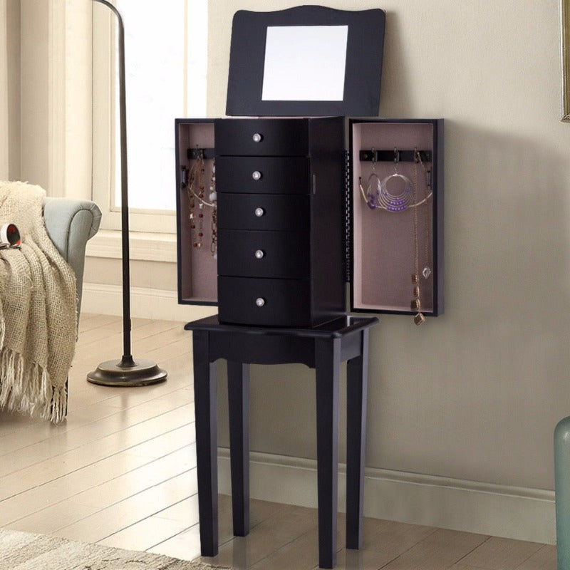 Jewelry Cabinet Armoire Storage Chest Stand Organizer Modern Wood Free Stand Necklace Storage Mirrored Cabinets