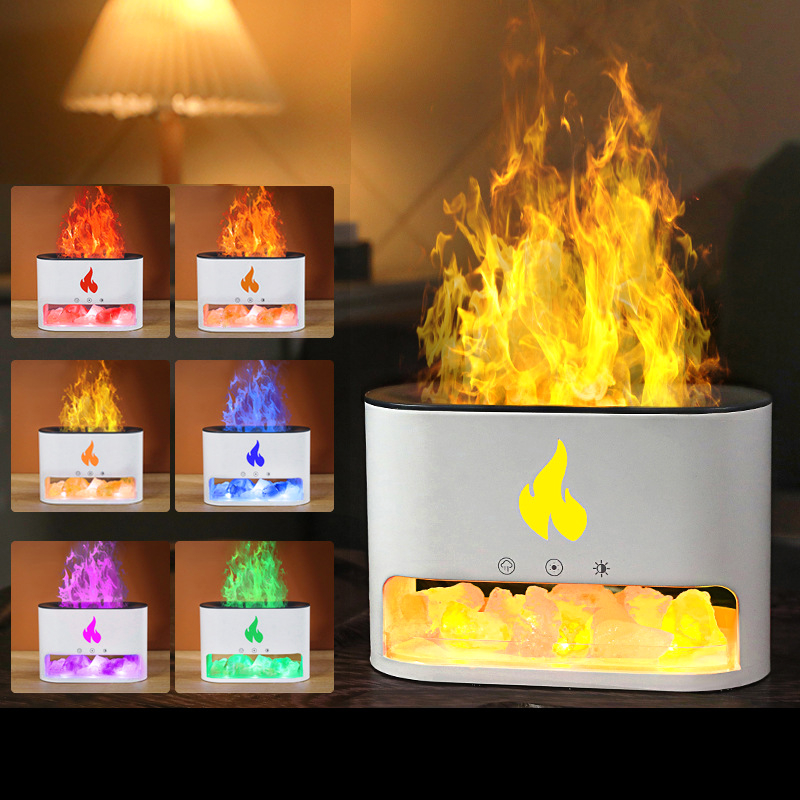 Flame Humidifier Aromatherapy Machine Crystal Salt Stone Colorful Atmosphere Lamp Flame 3d Simulation Flame Humidifier Household Essential