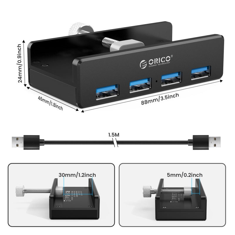 Aluminum 4 Ports USB 3.0 Clip-type HUB For Desktop Laptop Clip Range 10-32mm With 100cm Date Cable gift package