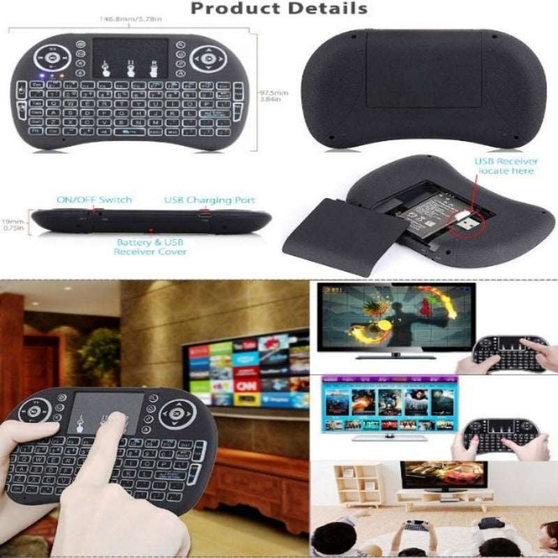 Mini Wireless Remote Keyboard with Touchpad Mouse for Android TV Box Colourful LED Backlight Rechargable Li-ion Battery