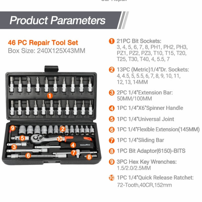 ValueMax Hand Tool Sets Car Repair Tool Kit Mechanical Tools Box for Home DIY 1/4" Socket Wrench Set Ratchet Screwdriver Bits