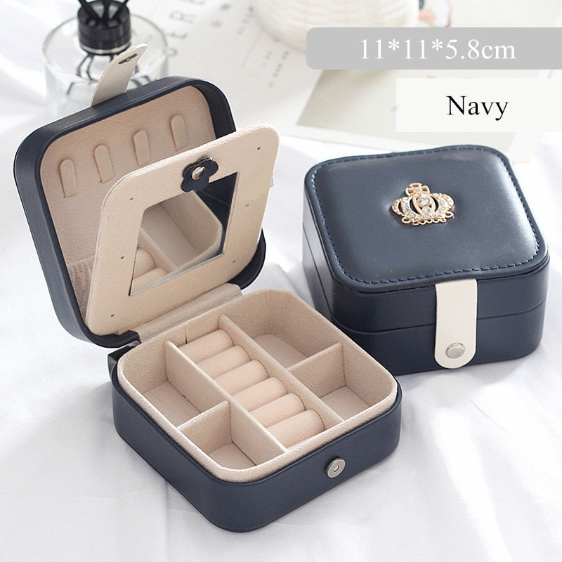 Portable Jewelry Organizer Display Holder Travel PU Leather With Mirror Jewelry Storage Case Simple Earrings Ring Storage Box
