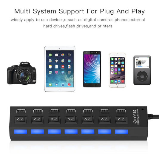 Elough USB HUB 2.0 Adapter Expander 4/7 Ports Multi Splitter Extender with LED Lamp Switch For Xiaomi Huawei Lenovo Macbook PC