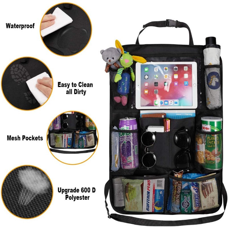 Car Backseat Organizer with Touch Screen Tablet Holder + 9 Storage Pockets Kick Mats Car Seat Back Protectors for Kids Toddlers