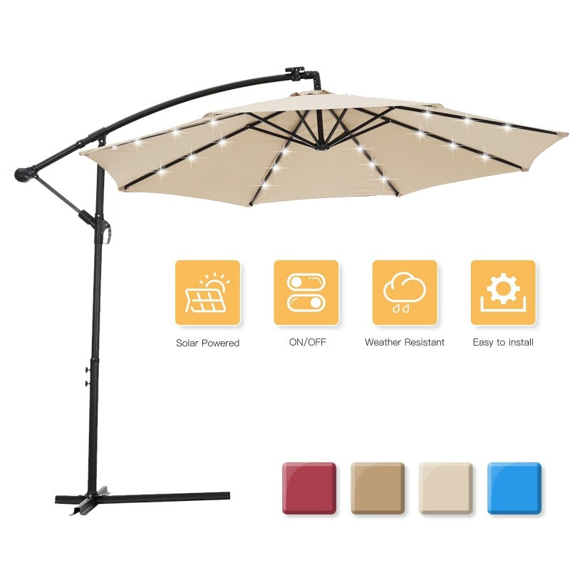 Solar LED Patio Outdoor Umbrella Hanging Cantilever Umbrella Offset Umbrella Easy Open Adustment with 24 LED Lights