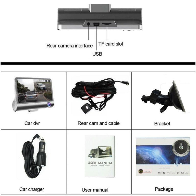 Car DVR 3 Cameras Lens 4 Inch Dash Camera Dual Lens suppor Rearview Camera Video Recorder Registrator Dvrs Dash Cam car camera