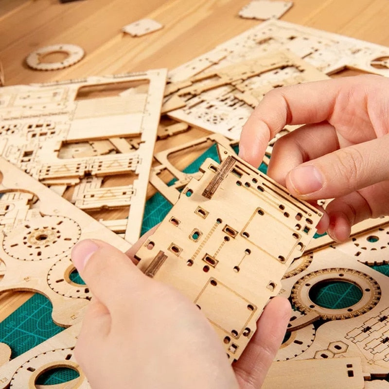 Robotime Rokr Wooden Mechanical Train 3D Puzzle Car Toy Assembly Locomotive Model Building Kits for Children Kids Birthday Gift