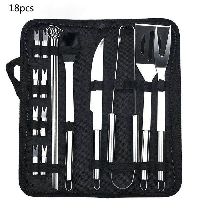 BBQ Tools Stainless Steel Set Spatula Fork Tongs Knife Brush Skewers Barbecue Grilling Utensil Camping Outdoor Cooking Tool Set