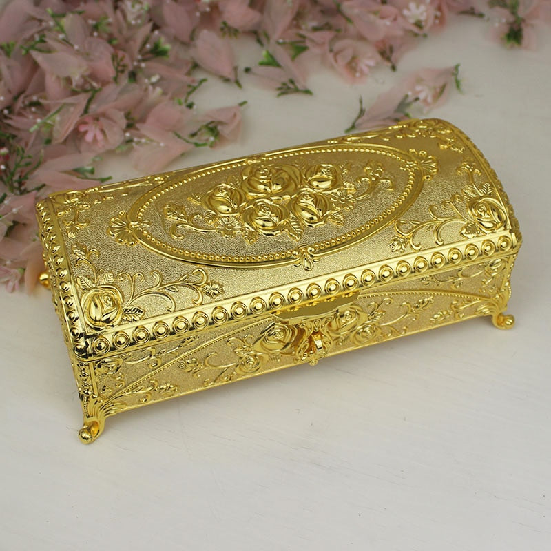Europe Large size carved metal gold jewelry storage box tin box jewelry organizer desk organizer drawer organizers for gift