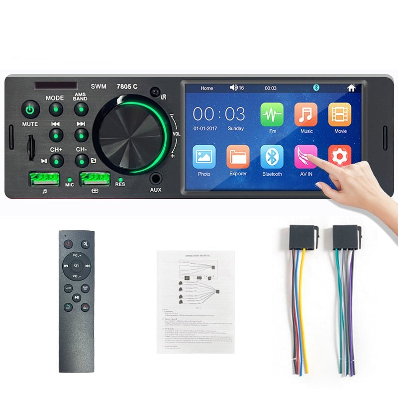 Hippcron Car Radio 1 din 4.1” Touch Screen Bluetooth Stereo Mp5 Player FM Receiver With Colorful Light Remote Control AUX/USB/TF