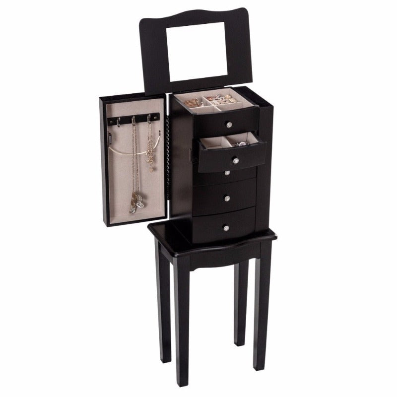 Jewelry Cabinet Armoire Storage Chest Stand Organizer Modern Wood Free Stand Necklace Storage Mirrored Cabinets