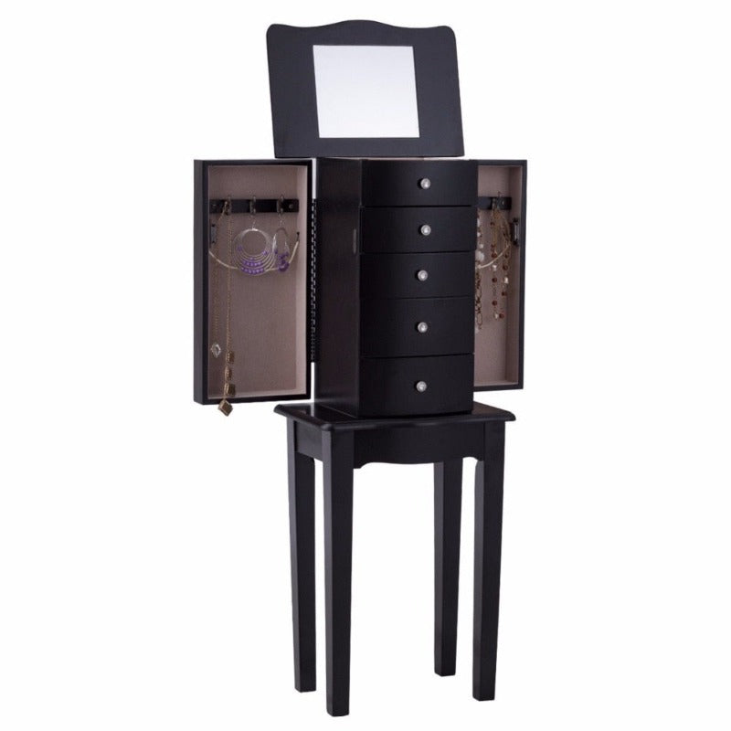 Jewelry Cabinet Armoire Storage Chest Stand Organizer Modern Wood Free Stand Necklace Storage Mirrored Cabinets