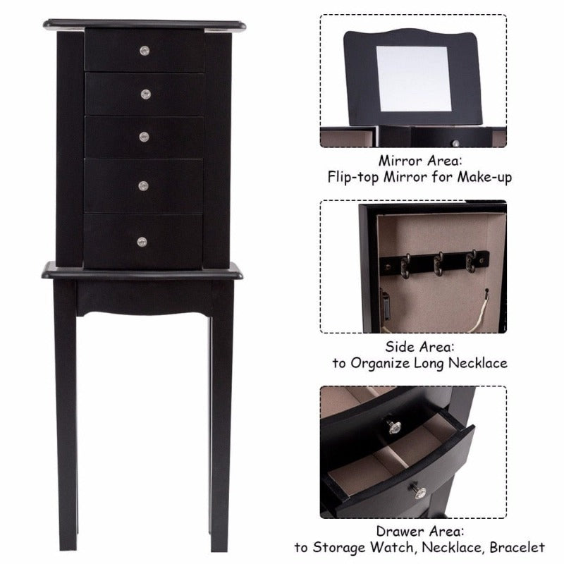 Jewelry Cabinet Armoire Storage Chest Stand Organizer Modern Wood Free Stand Necklace Storage Mirrored Cabinets