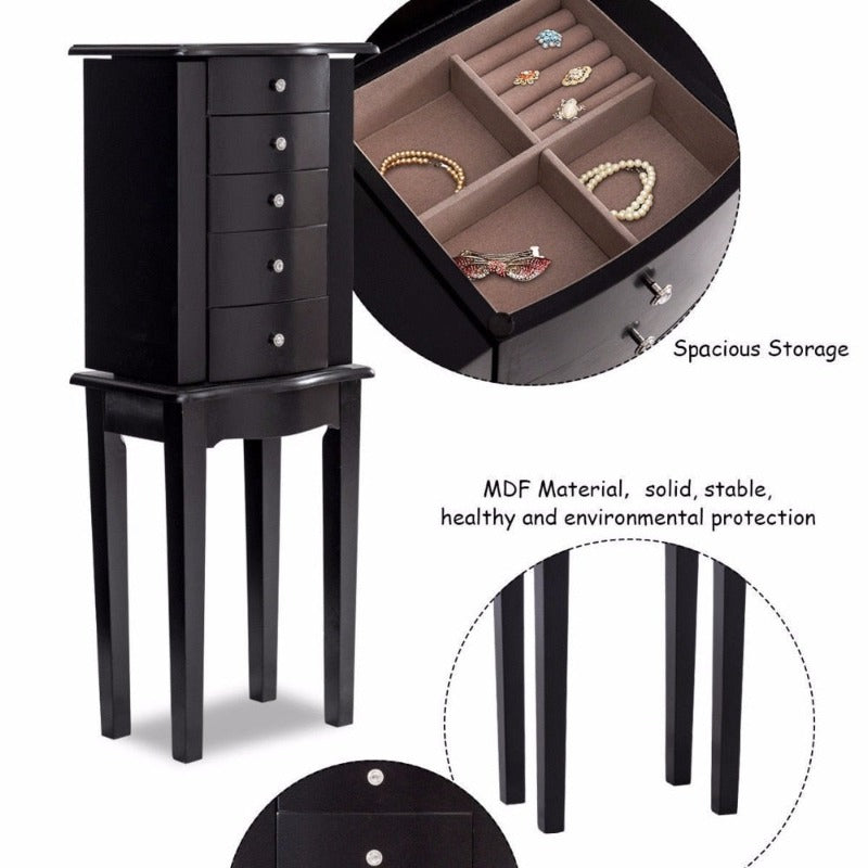Jewelry Cabinet Armoire Storage Chest Stand Organizer Modern Wood Free Stand Necklace Storage Mirrored Cabinets