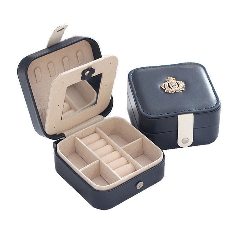 Portable Jewelry Organizer Display Holder Travel PU Leather With Mirror Jewelry Storage Case Simple Earrings Ring Storage Box