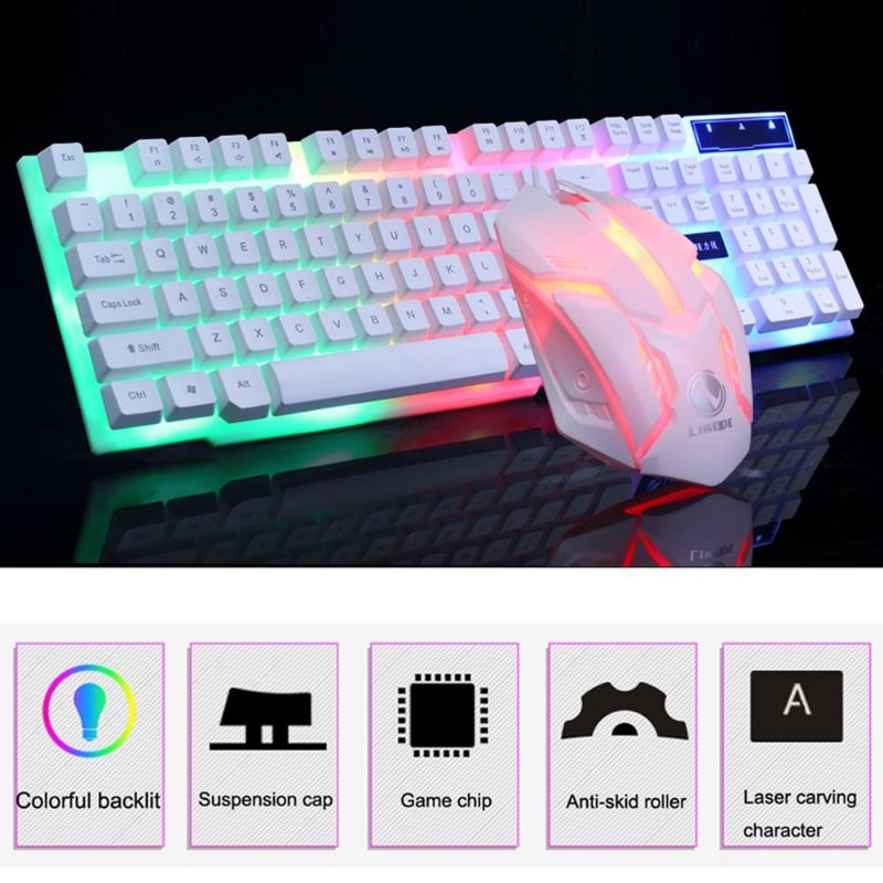 USB Wired Keyboard Mouse Set LED Rainbow Color Backlight Gaming Computer Mouse Keyboard