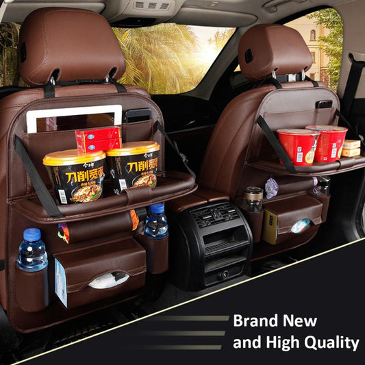 Car Back Seat Organizer PU Leather Auto Storage Bag with Foldable Tray Dining Tablet Holder for Umbrella Water Bottle Ipad phone