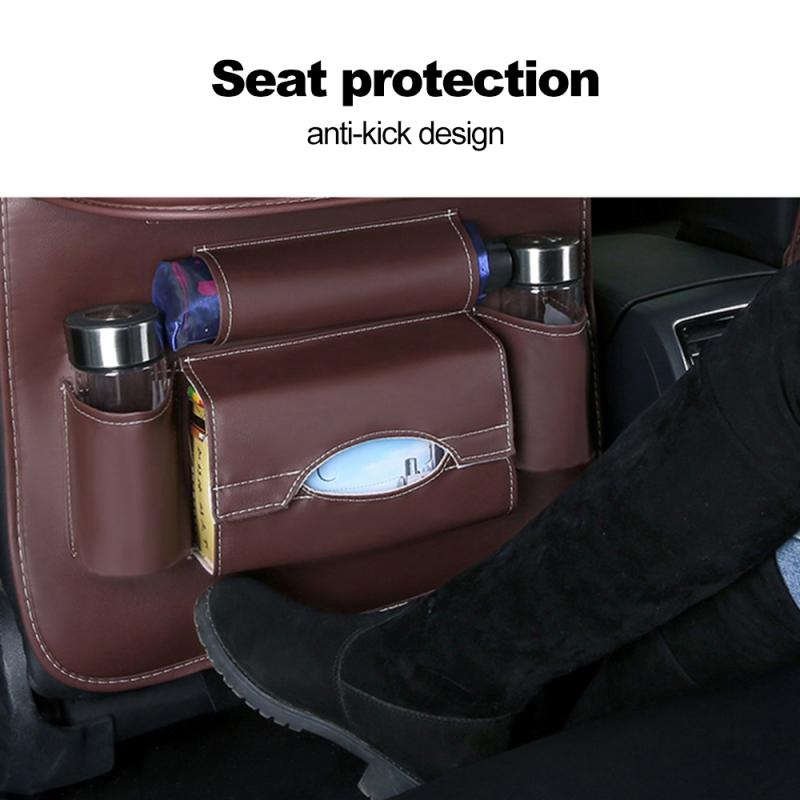 Car Back Seat Organizer PU Leather Auto Storage Bag with Foldable Tray Dining Tablet Holder for Umbrella Water Bottle Ipad phone