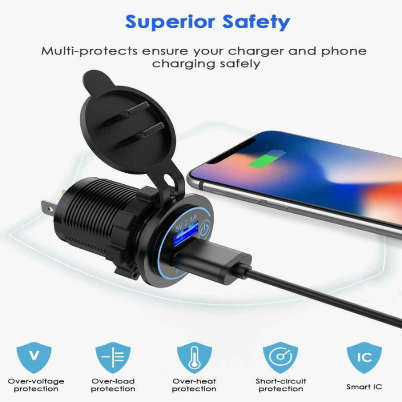 USB Car Charger With Led Light Power Adaptor QC3.0 Fast Charger Car Socket Separate Switch For Car Kit