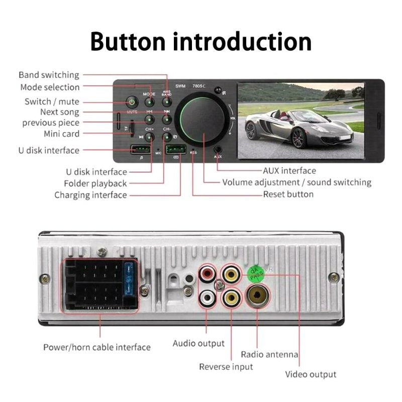 Hippcron Car Radio 1 din 4.1” Touch Screen Bluetooth Stereo Mp5 Player FM Receiver With Colorful Light Remote Control AUX/USB/TF