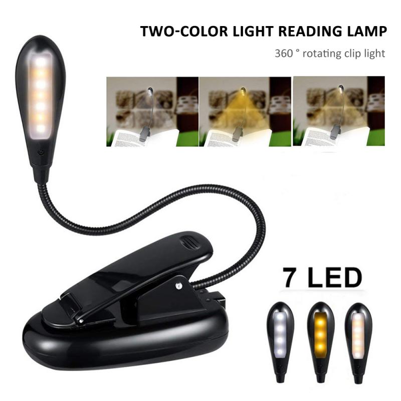 7 LED Portable Travel Book Reading Light Lamp USB Rechargeable LED Clip Booklight with 3 Level Warm/Cool White Brightness