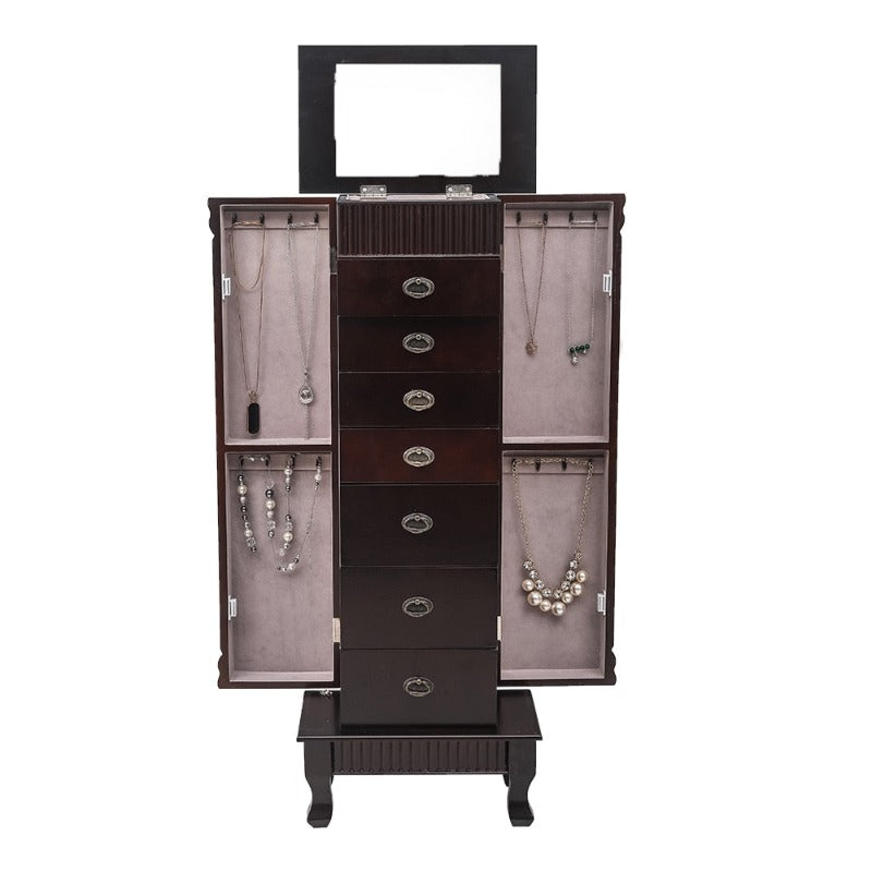 Large Standing Jewelry Cabinet Makeup Mirror and Top Divided Storage Organizer with 7 Drawers 2 Swing Doors 16 Necklace Hooks