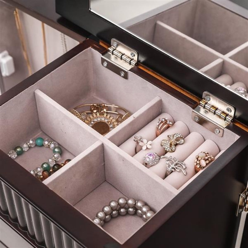 Large Standing Jewelry Cabinet Makeup Mirror and Top Divided Storage Organizer with 7 Drawers 2 Swing Doors 16 Necklace Hooks