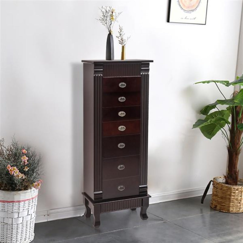 Large Standing Jewelry Cabinet Makeup Mirror and Top Divided Storage Organizer with 7 Drawers 2 Swing Doors 16 Necklace Hooks