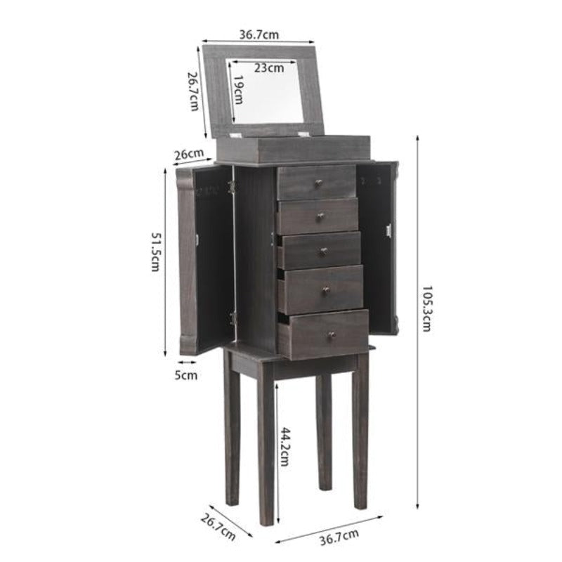 Five Draw Freestanding Armoire Jewelry Cabinet