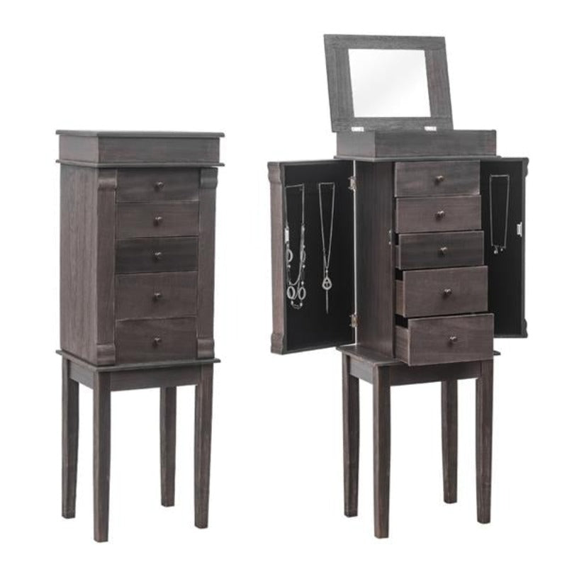 Standing Jewelry Armoire with Mirror 5 Drawers & 8 Necklace Hooks Jewelry Cabinet Chest with Top Storage Organizer