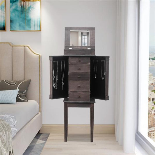 Standing Jewelry Armoire with Mirror 5 Drawers & 8 Necklace Hooks Jewelry Cabinet Chest with Top Storage Organizer