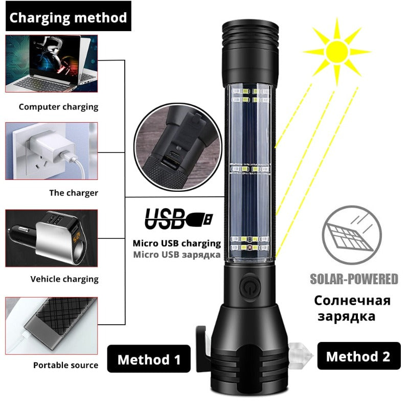 USB Rechargeable Solar LED Flashlight Multi-function Emergency Torch Safety Hammer Mobile Power Compass for Outdoor Activities