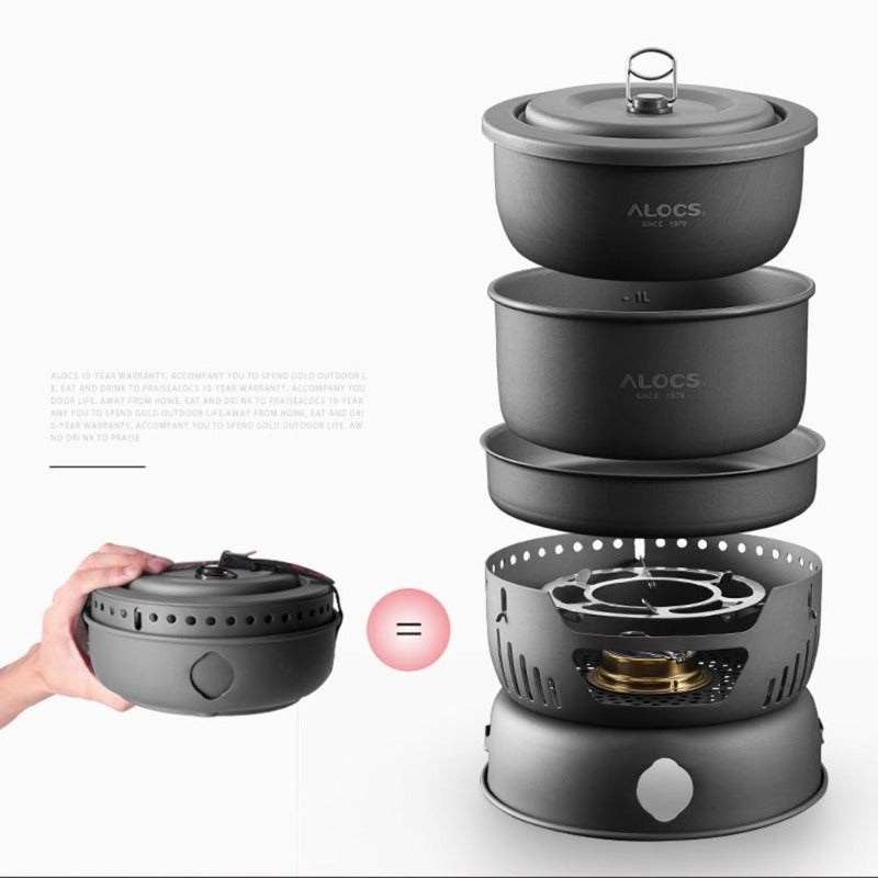 10 Pieces 1-2 People Portable Outdoor Cookware Camping Hiking Picnic Cooking Spirit Stove Alcohol Burner Pot