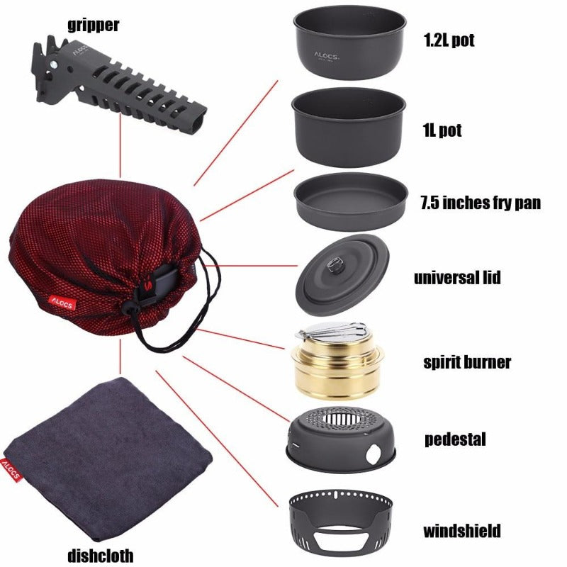 10 Pieces 1-2 People Portable Outdoor Cookware Camping Hiking Picnic Cooking Spirit Stove Alcohol Burner Pot