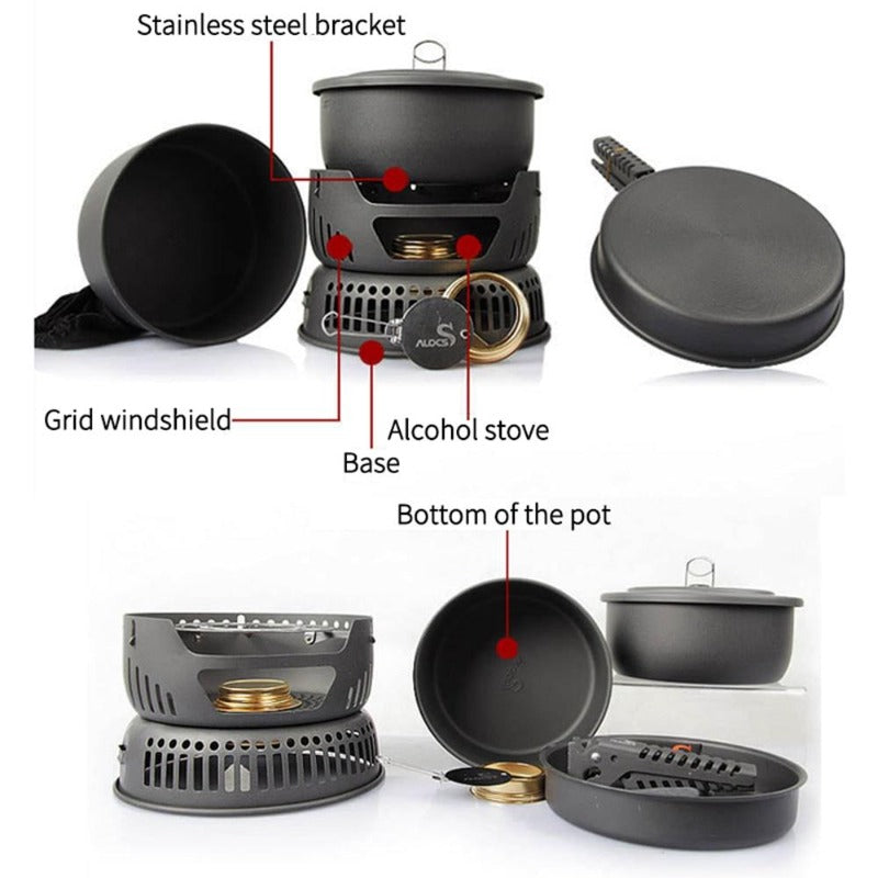 10 Pieces 1-2 People Portable Outdoor Cookware Camping Hiking Picnic Cooking Spirit Stove Alcohol Burner Pot