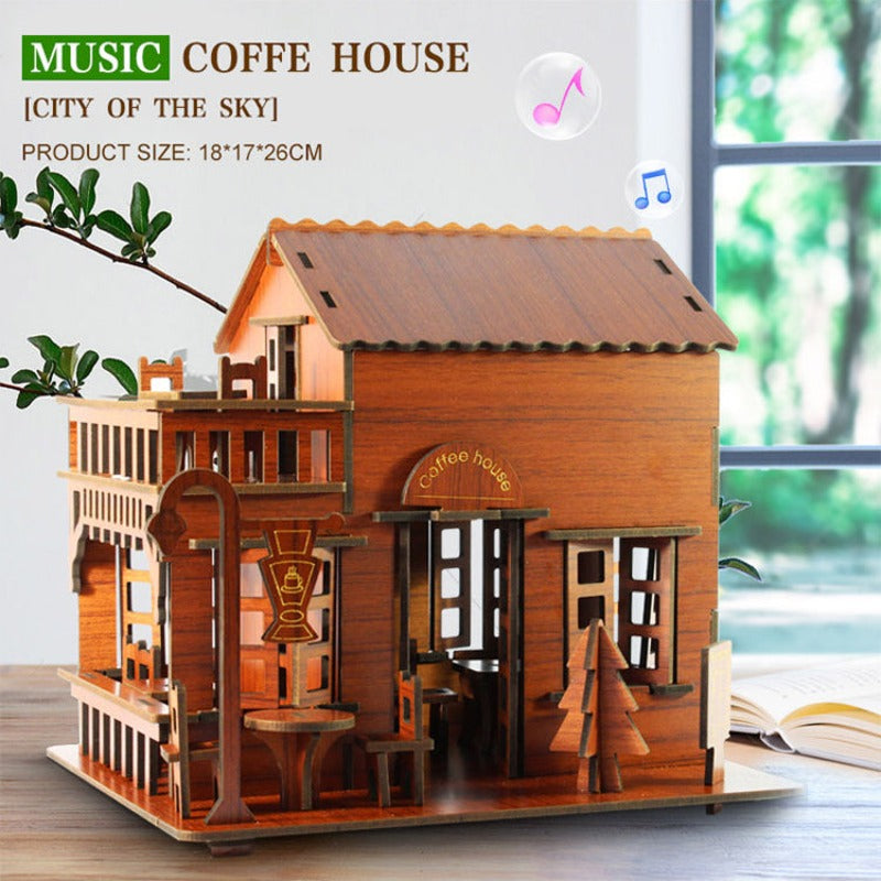 3D Wooden Puzzle Coffee House Model Kit Laser Cutting Assembling House Kids Toy Wooden Kit Handmade Mechanical for Kids