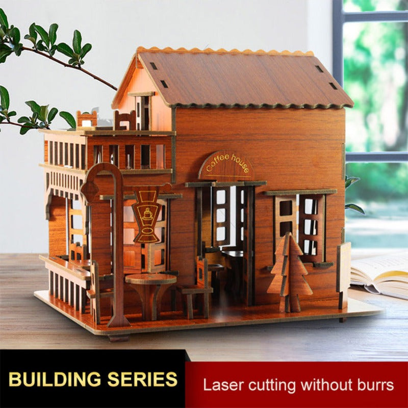 3D Wooden Puzzle Coffee House Model Kit Laser Cutting Assembling House Kids Toy Wooden Kit Handmade Mechanical for Kids