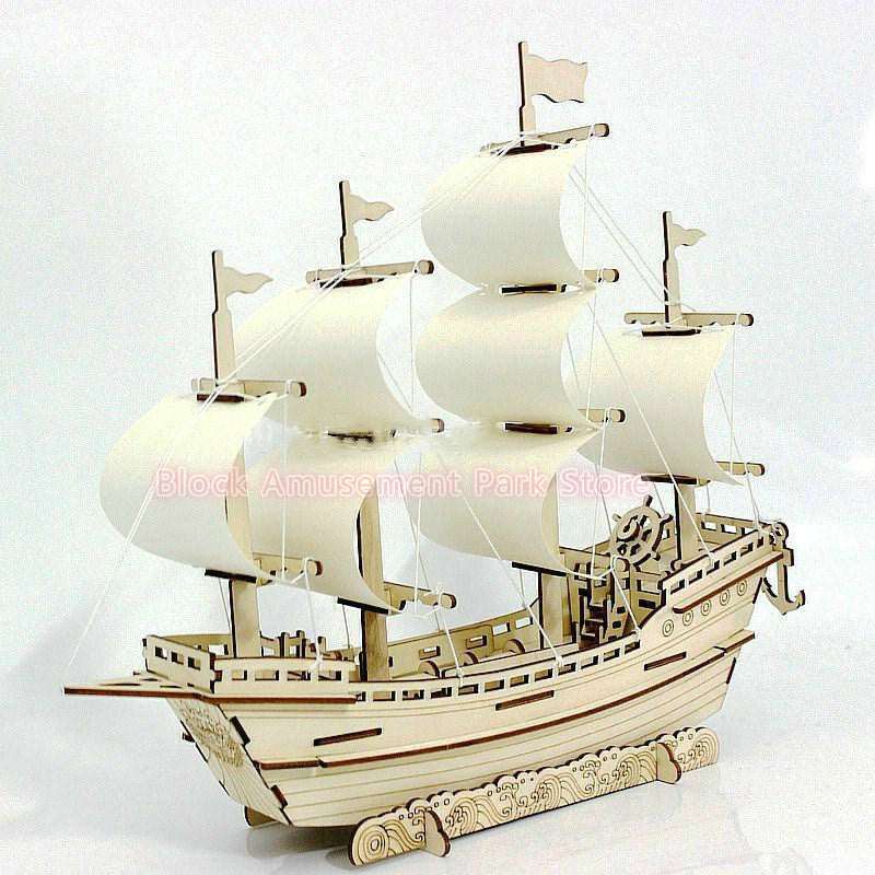 3D Wooden Ship Jigsaw Toys Learning Building Robot Model DIY Sailing Boat