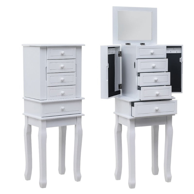 Standing Jewelry Armoire with Mirror, 5 Drawers & 14 Necklace Hooks, Jewelry Cabinet Chest with Removable Ring Storage Slot