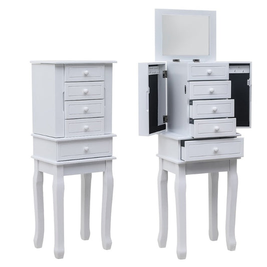 Standing Jewelry Armoire with Mirror, 5 Drawers & 14 Necklace Hooks, Jewelry Cabinet Chest with Removable Ring Storage Slot