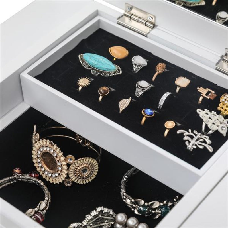Standing Jewelry Armoire with Mirror, 5 Drawers & 14 Necklace Hooks, Jewelry Cabinet Chest with Removable Ring Storage Slot