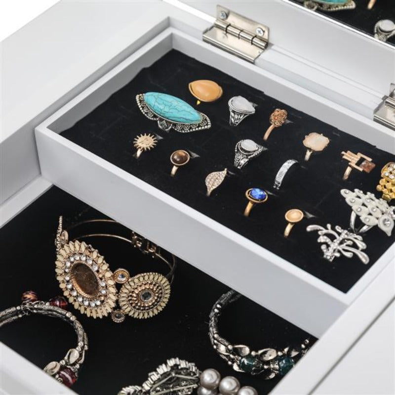 Standing Jewelry Armoire with Mirror, 5 Drawers &amp; 14 Necklace Hooks, Jewelry Cabinet Chest with Removable Ring Storage Slot