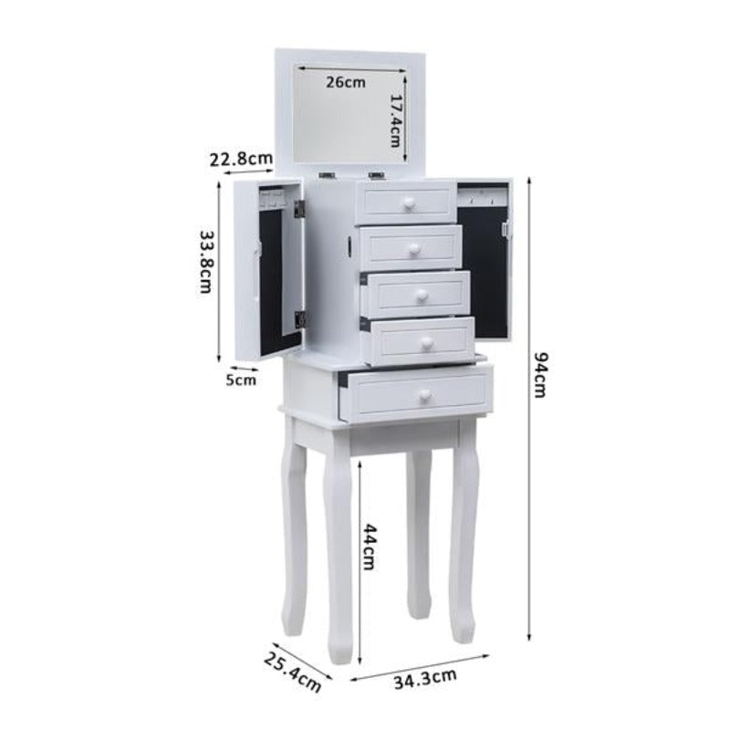 Standing Jewelry Armoire with Mirror, 5 Drawers & 14 Necklace Hooks, Jewelry Cabinet Chest with Removable Ring Storage Slot