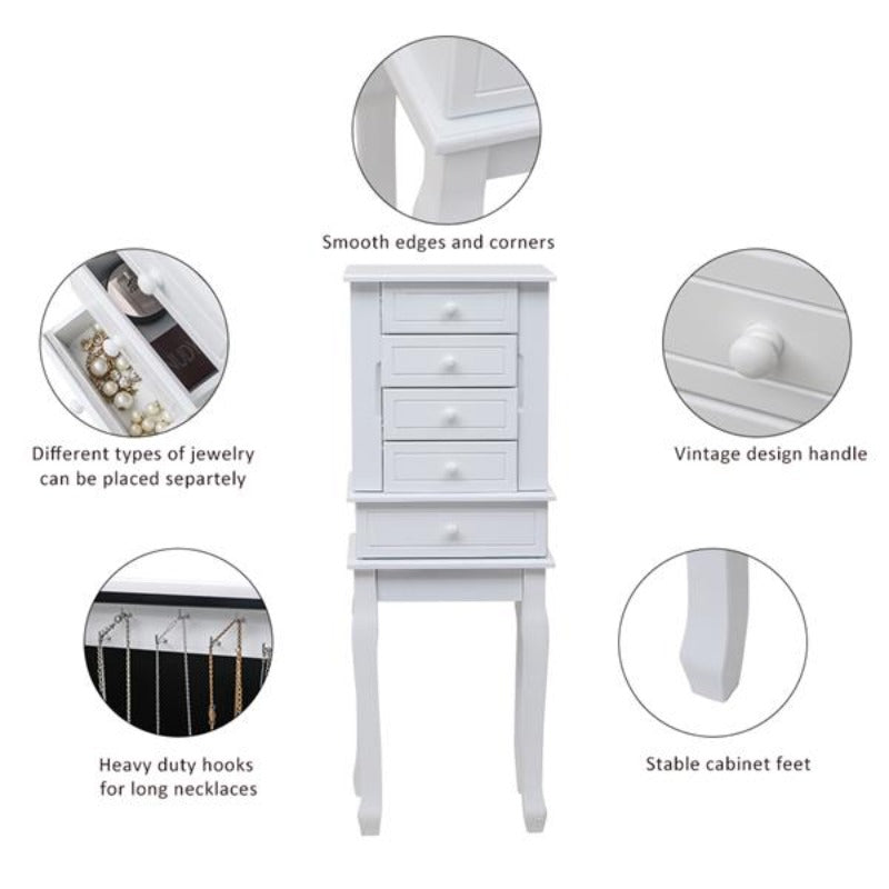 Standing Jewelry Armoire with Mirror, 5 Drawers & 14 Necklace Hooks, Jewelry Cabinet Chest with Removable Ring Storage Slot