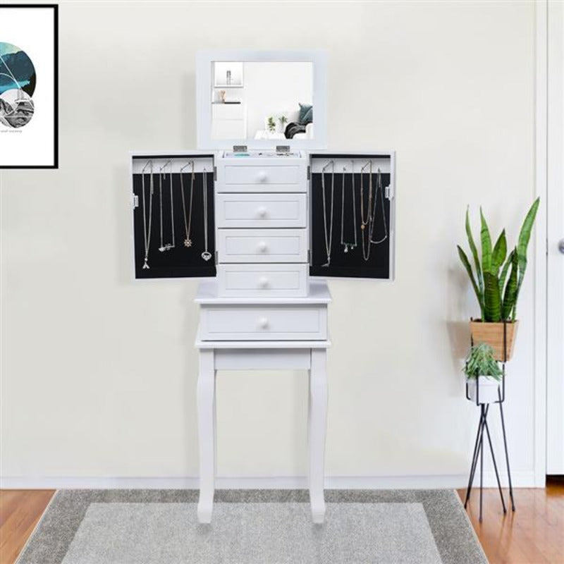 Standing Jewelry Armoire with Mirror, 5 Drawers & 14 Necklace Hooks, Jewelry Cabinet Chest with Removable Ring Storage Slot