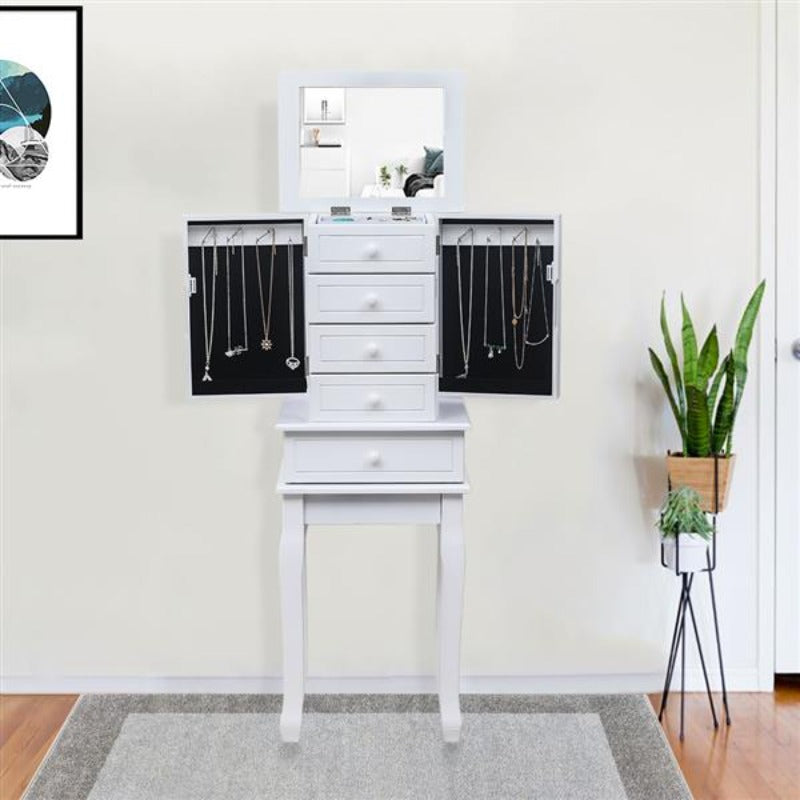 Standing Jewelry Armoire with Mirror, 5 Drawers &amp; 14 Necklace Hooks, Jewelry Cabinet Chest with Removable Ring Storage Slot